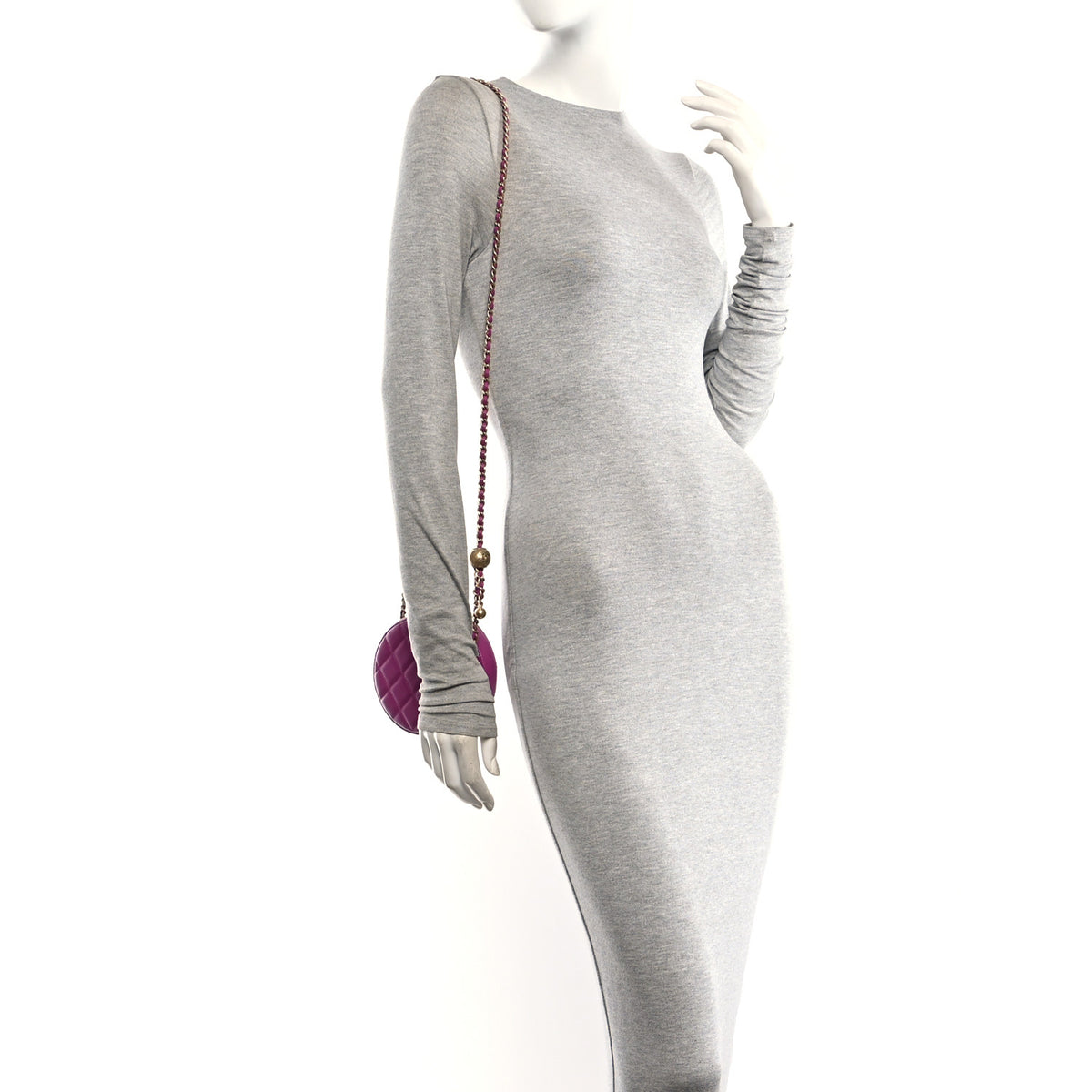 Lambskin Quilted Round Pearl Crush Clutch With Chain Purple