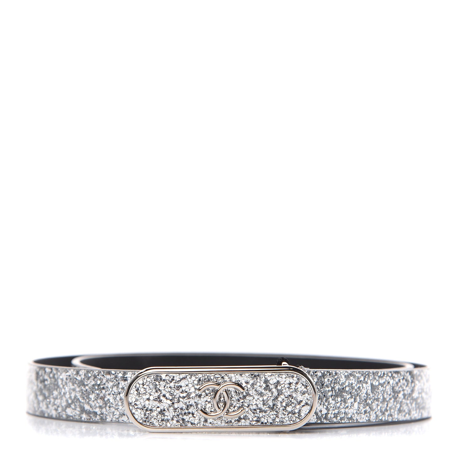 Glitter Calfskin CC Logo Skinny Belt 70 28 Silver