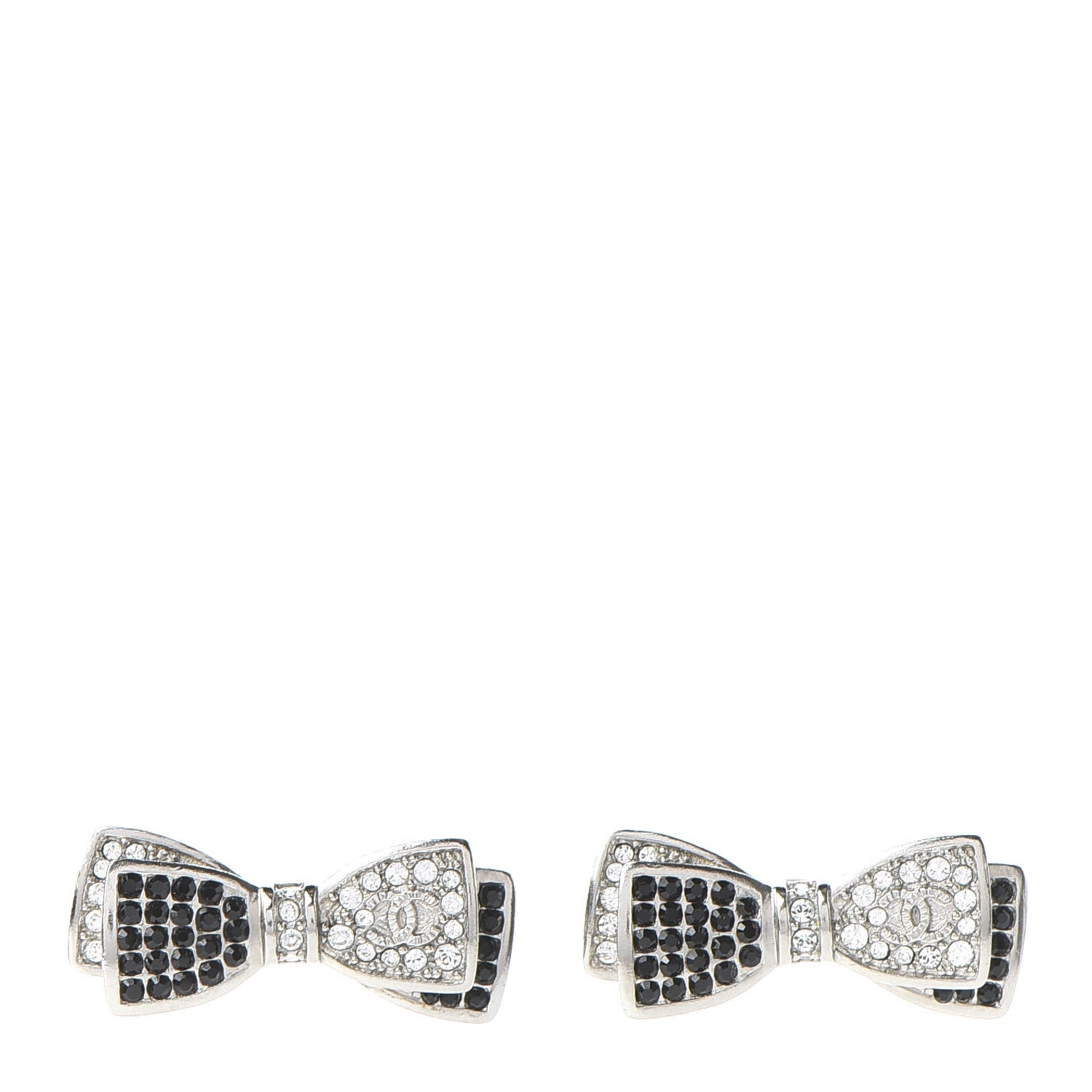 Chanel Crystal CC Bow Tie Earrings Black Silver 1 of 5