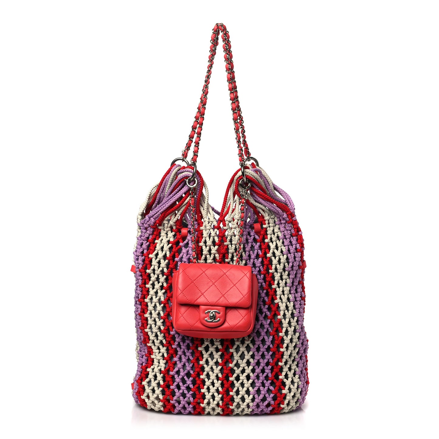 Lambskin Mixed Fibers Large Shopping Bag Red Purple White