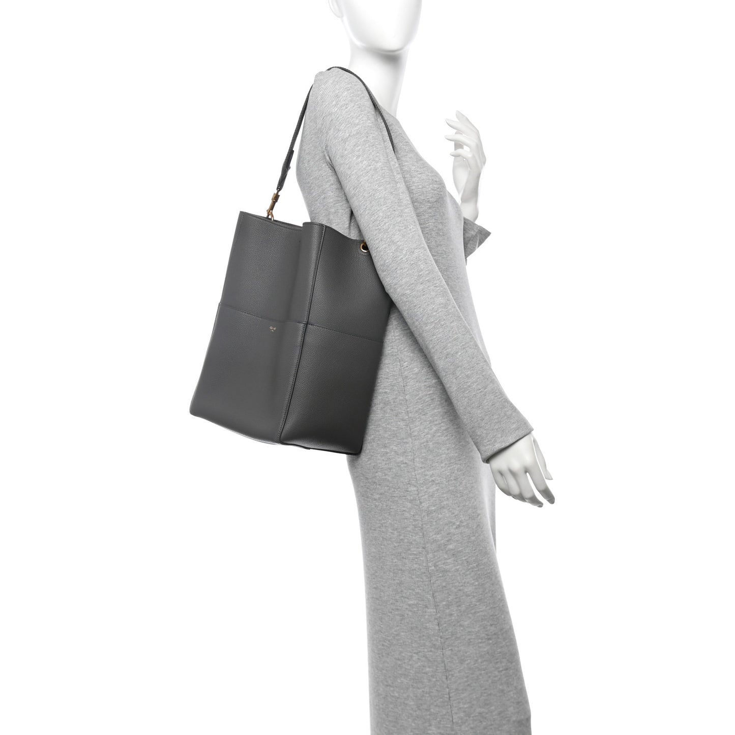 Soft Grained Calfskin Sangle Bucket Bag Grey