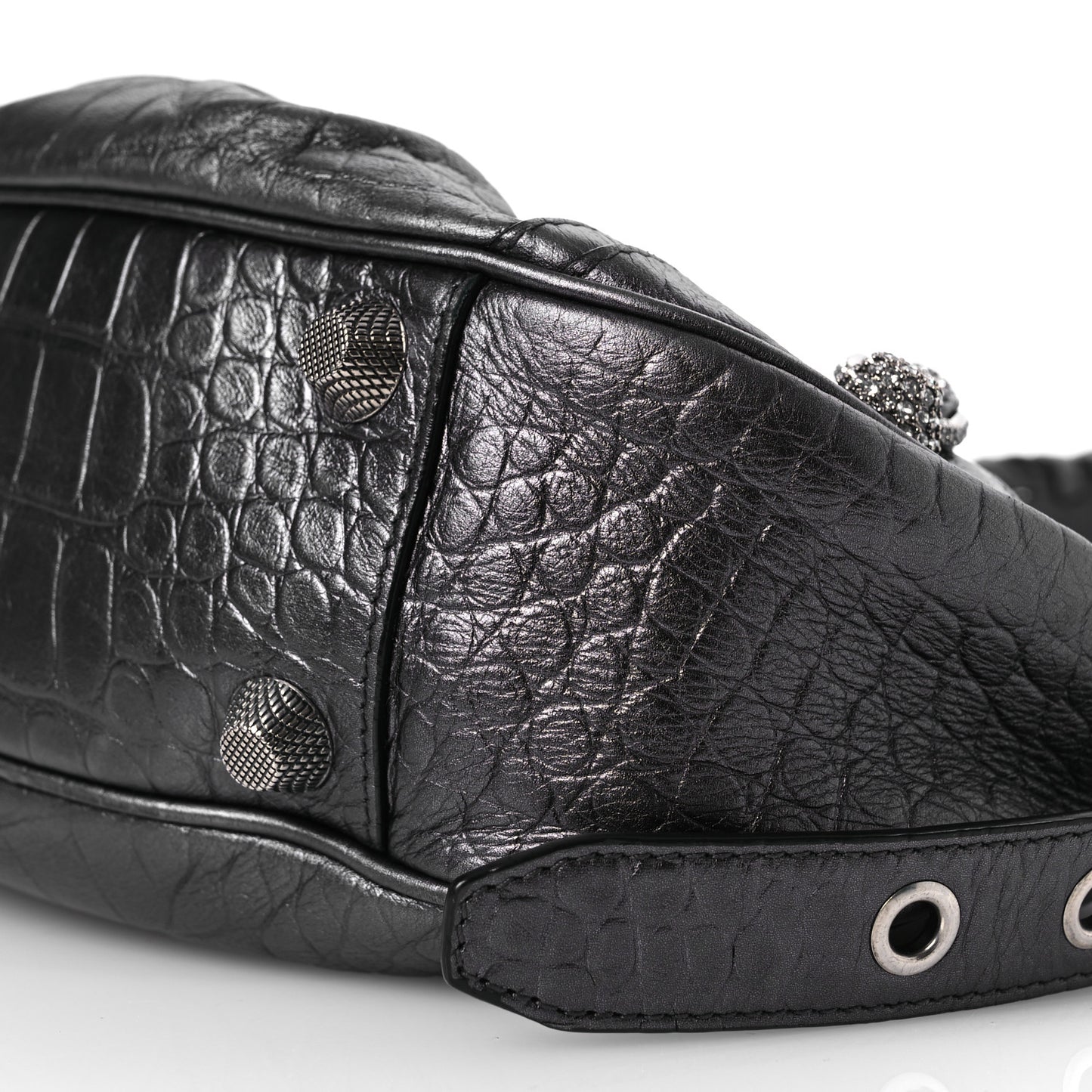 Metallic Calfskin Crocodile Embossed Crystal Small Le Cagole Shoulder Bag Gunmetal