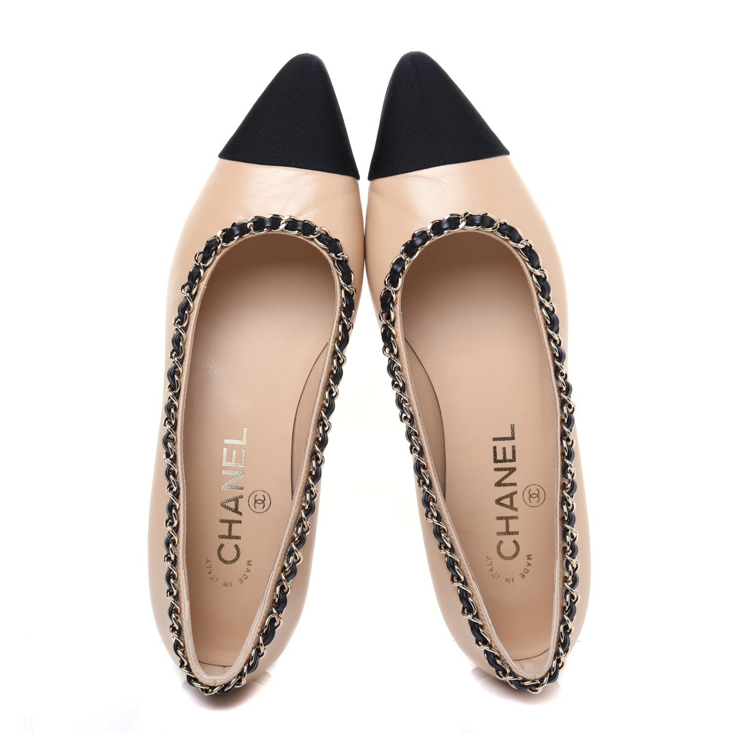 Chanel Lambskin Grosgrain Chain Cap Toe Flats 36 Beige Black 9 of 15