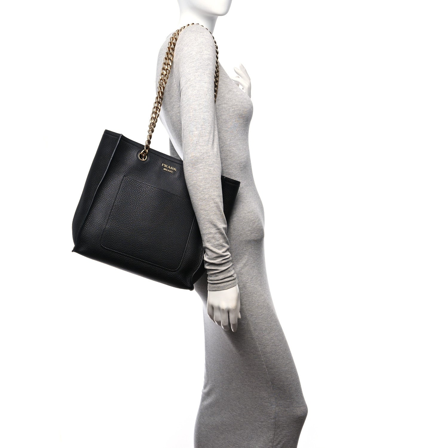 Prada Vitello Daino Chain Shopping Tote Black 2 of 9