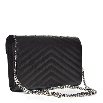 Saint Laurent Grain De Poudre Matelasse Chevron Monogram Chain Wallet Black 3 of 11