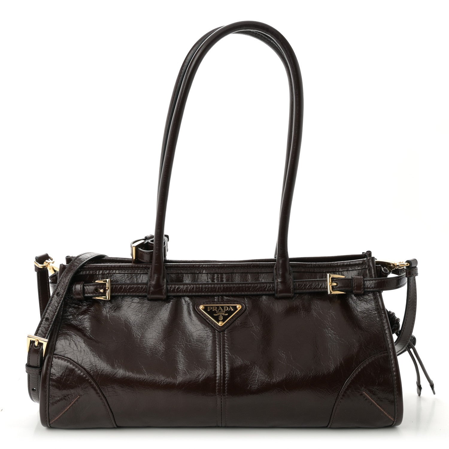 Prada Glossy Calfskin Triangle Medium Bonnie Shoulder Bag Dark Brown 1 of 10