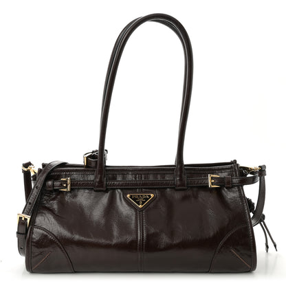 Prada Glossy Calfskin Triangle Medium Bonnie Shoulder Bag Dark Brown 1 of 10