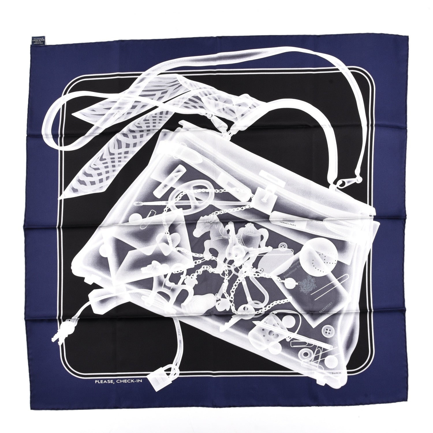 Hermes Silk Please Check In Scarf 90 Marine Black White 1 of 6