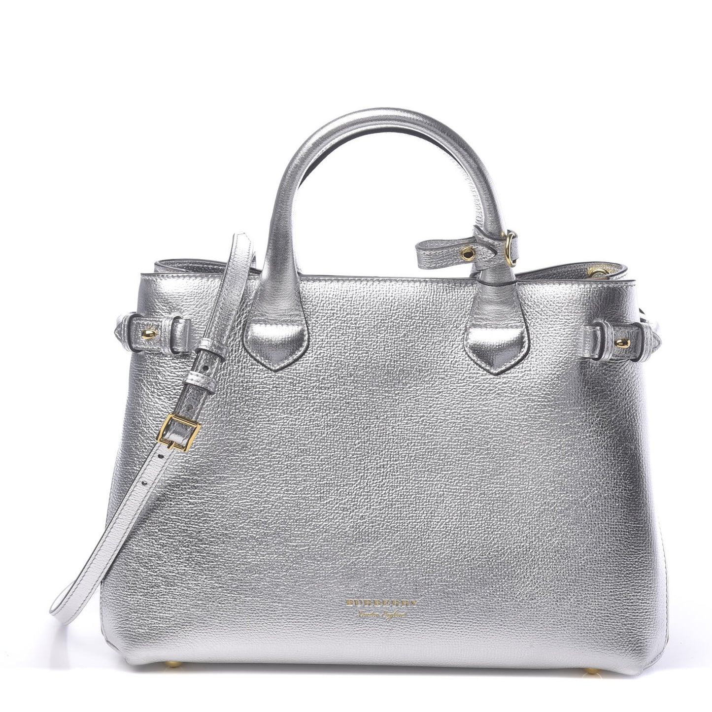 Metallic Grainy Calfskin House Check Medium Banner Tote Silver