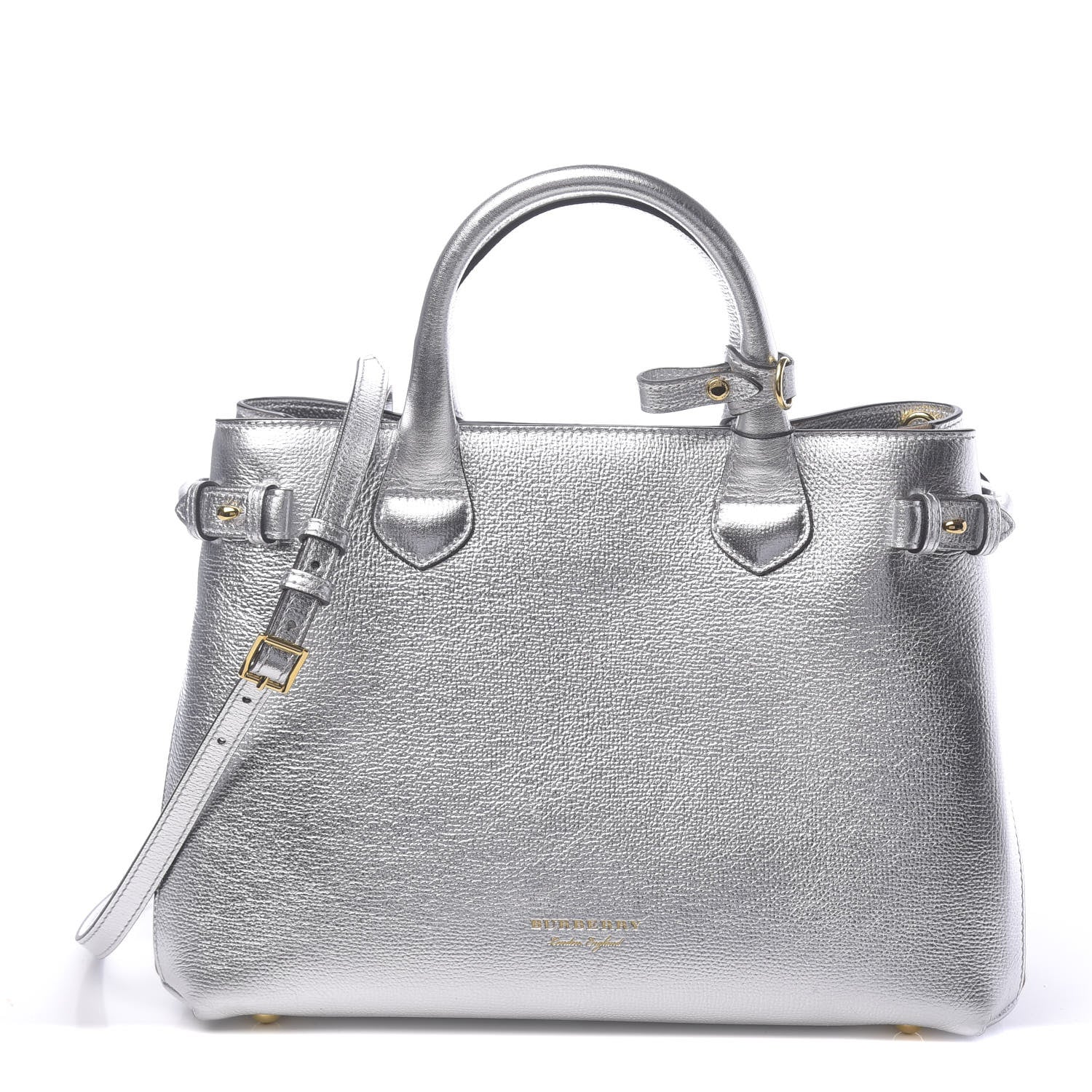 Burberry Metallic Grainy Calfskin House Check Medium Banner Tote Silver 1 of 11