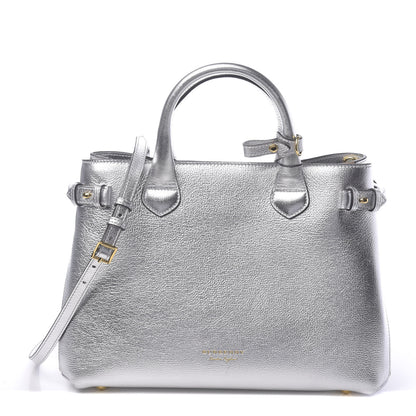 Burberry Metallic Grainy Calfskin House Check Medium Banner Tote Silver 1 of 11