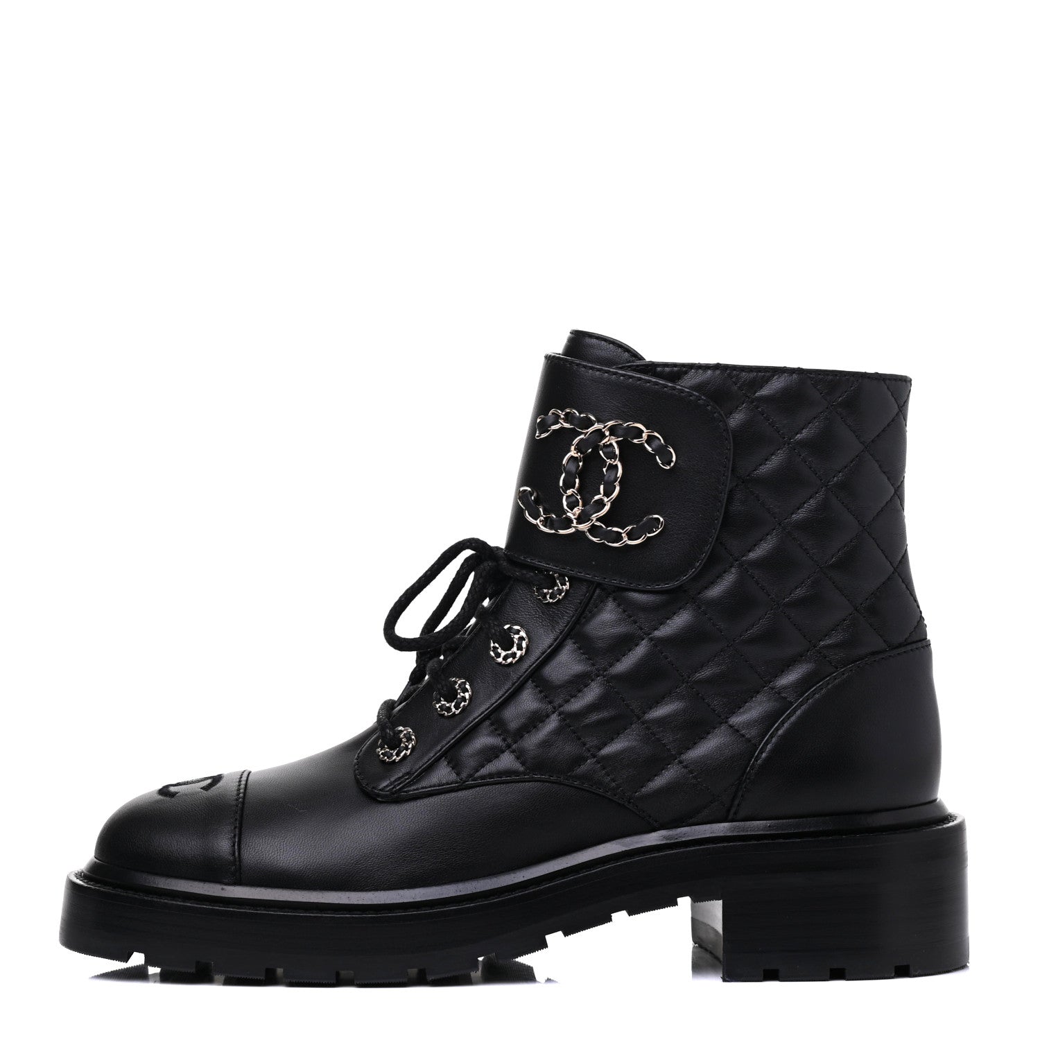 Chanel Shiny Lambskin Quilted Lace Up Combat Boots 39 Black 1 of 10