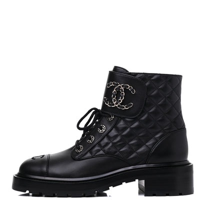 Chanel Shiny Lambskin Quilted Lace Up Combat Boots 39 Black 1 of 10