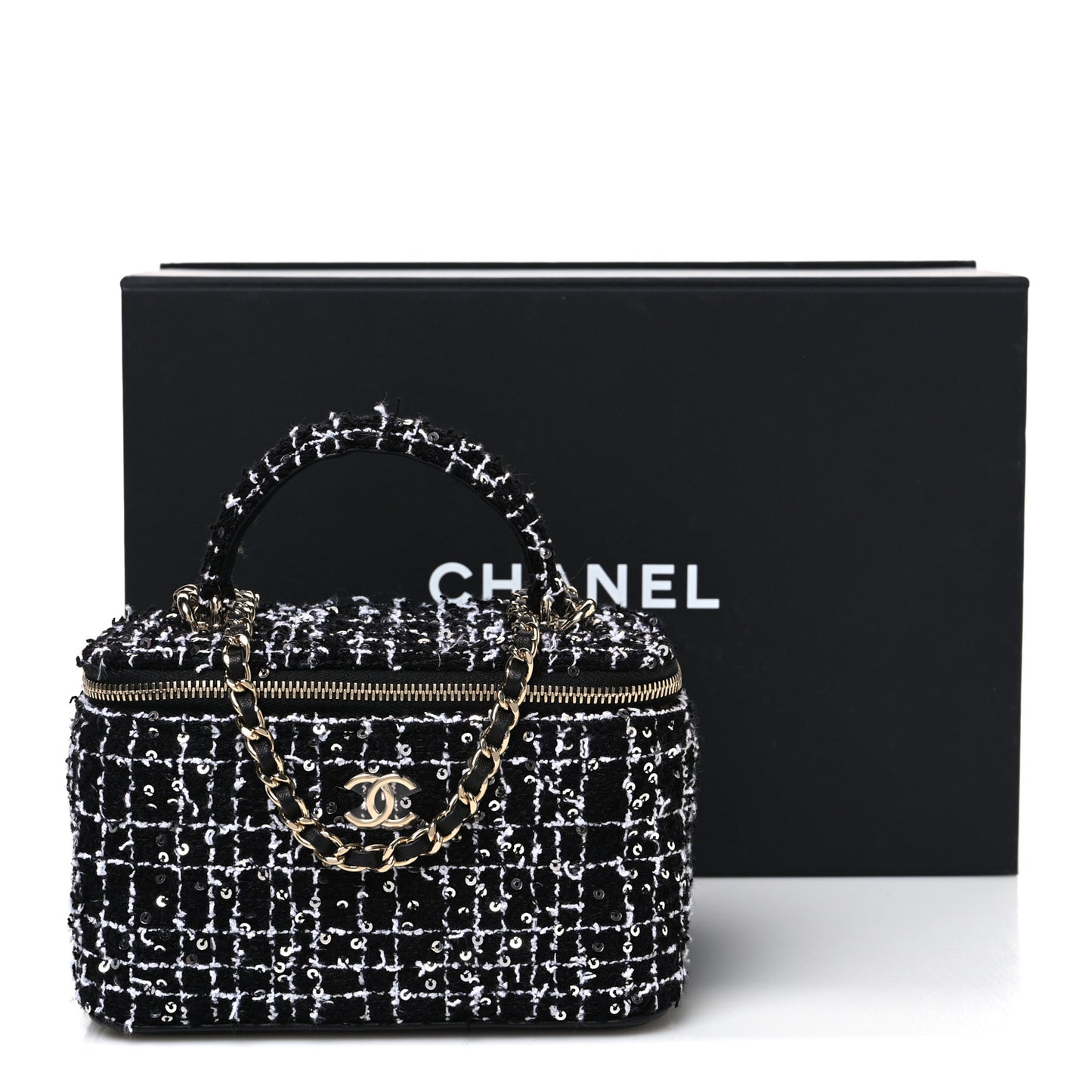 Tweed Sequin Small Top Handle Vanity Case With Chain Black White