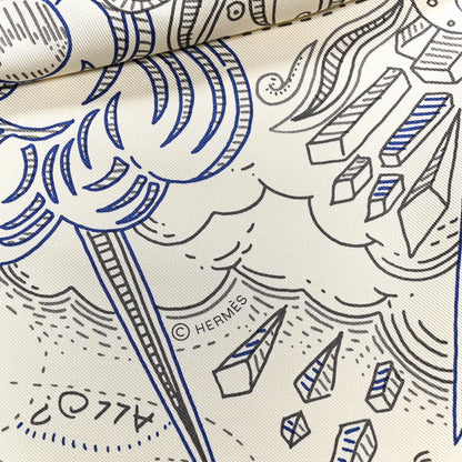 Hermes Silk Please Hold The Line Scarf 90 Creme Bleu Gris 3 of 5