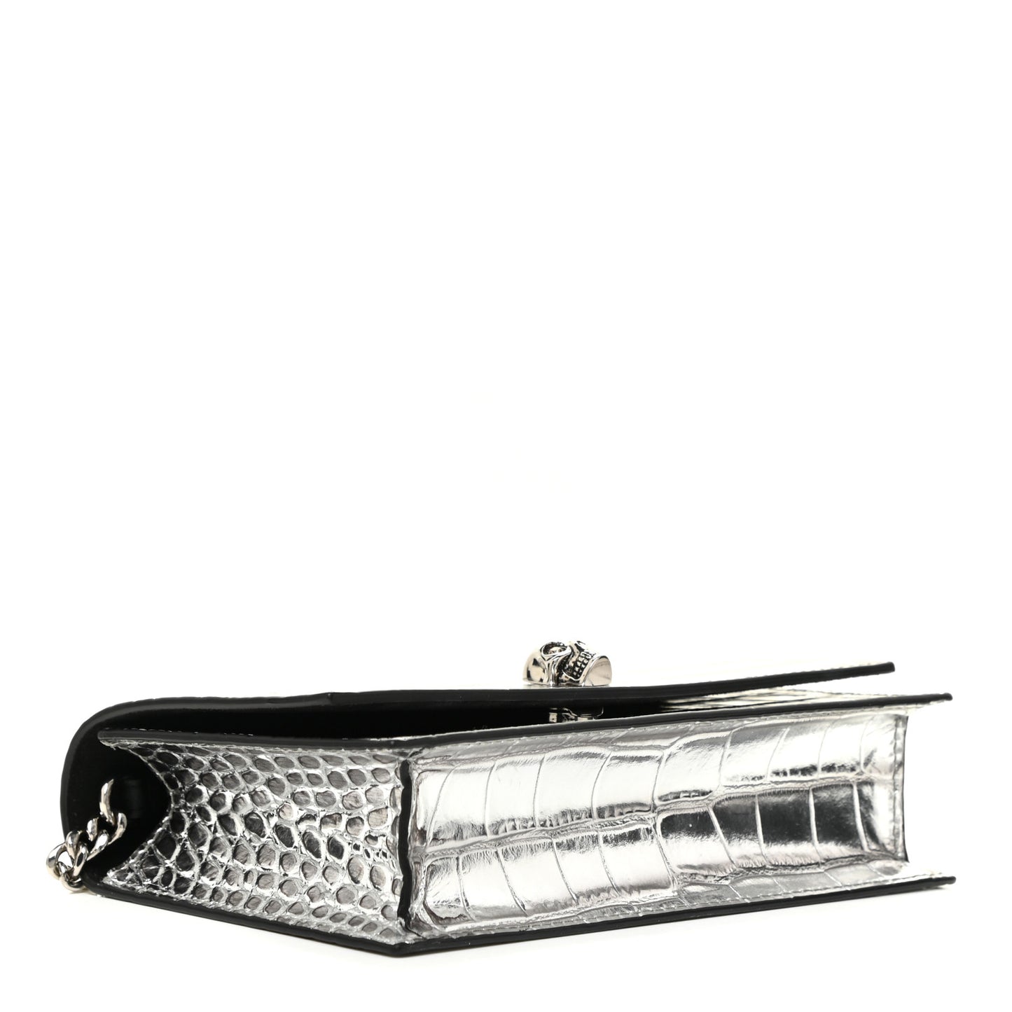 Metallic Calfskin Crocodile Embossed Skull Mini Shoulder Bag Silver