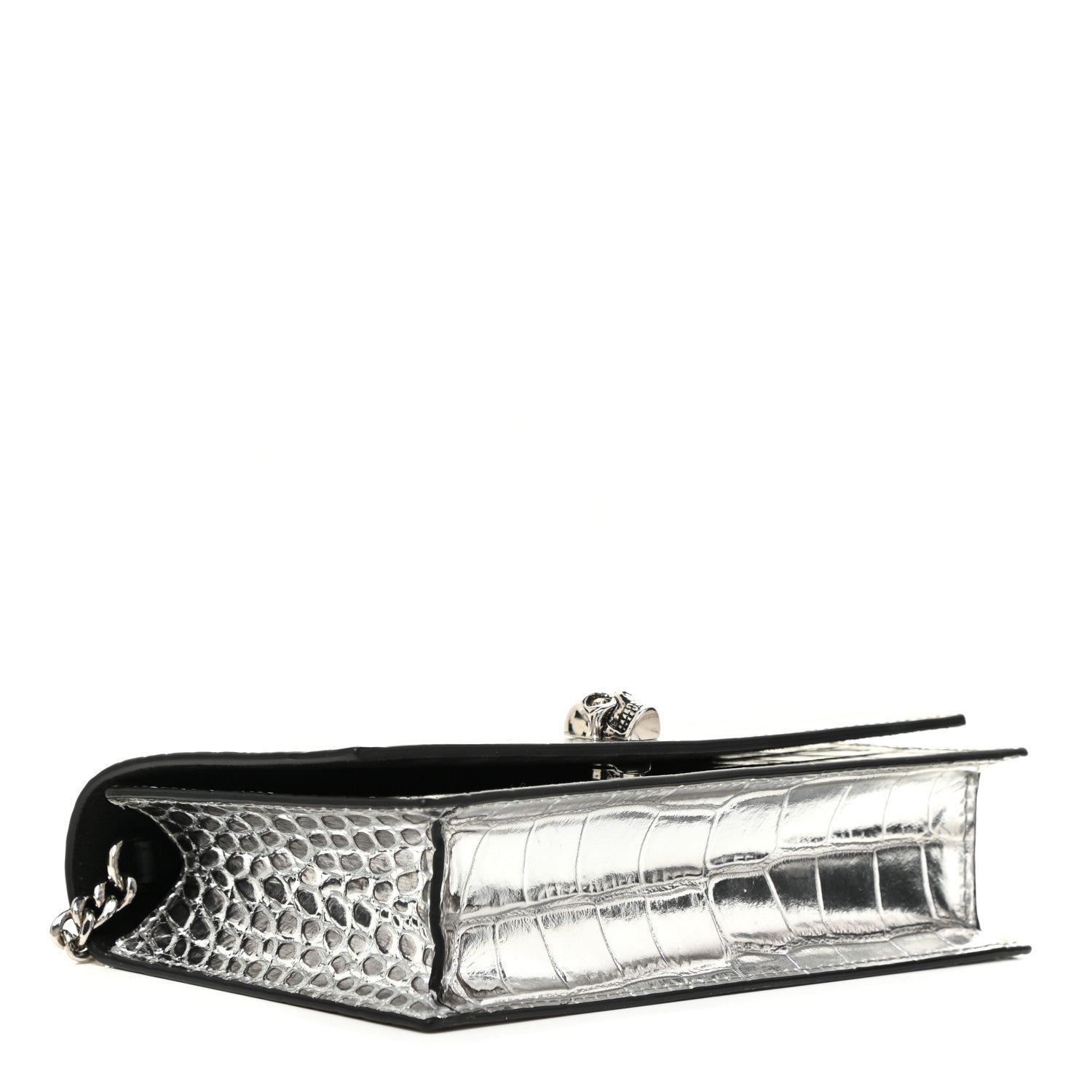 Alexander McQueen Metallic Calfskin Crocodile Embossed Skull Mini Shoulder Bag Silver 4 of 9