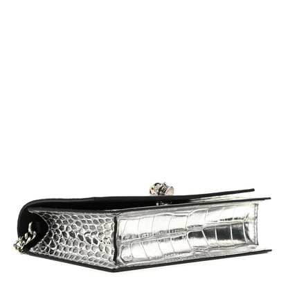 Alexander McQueen Metallic Calfskin Crocodile Embossed Skull Mini Shoulder Bag Silver 4 of 9
