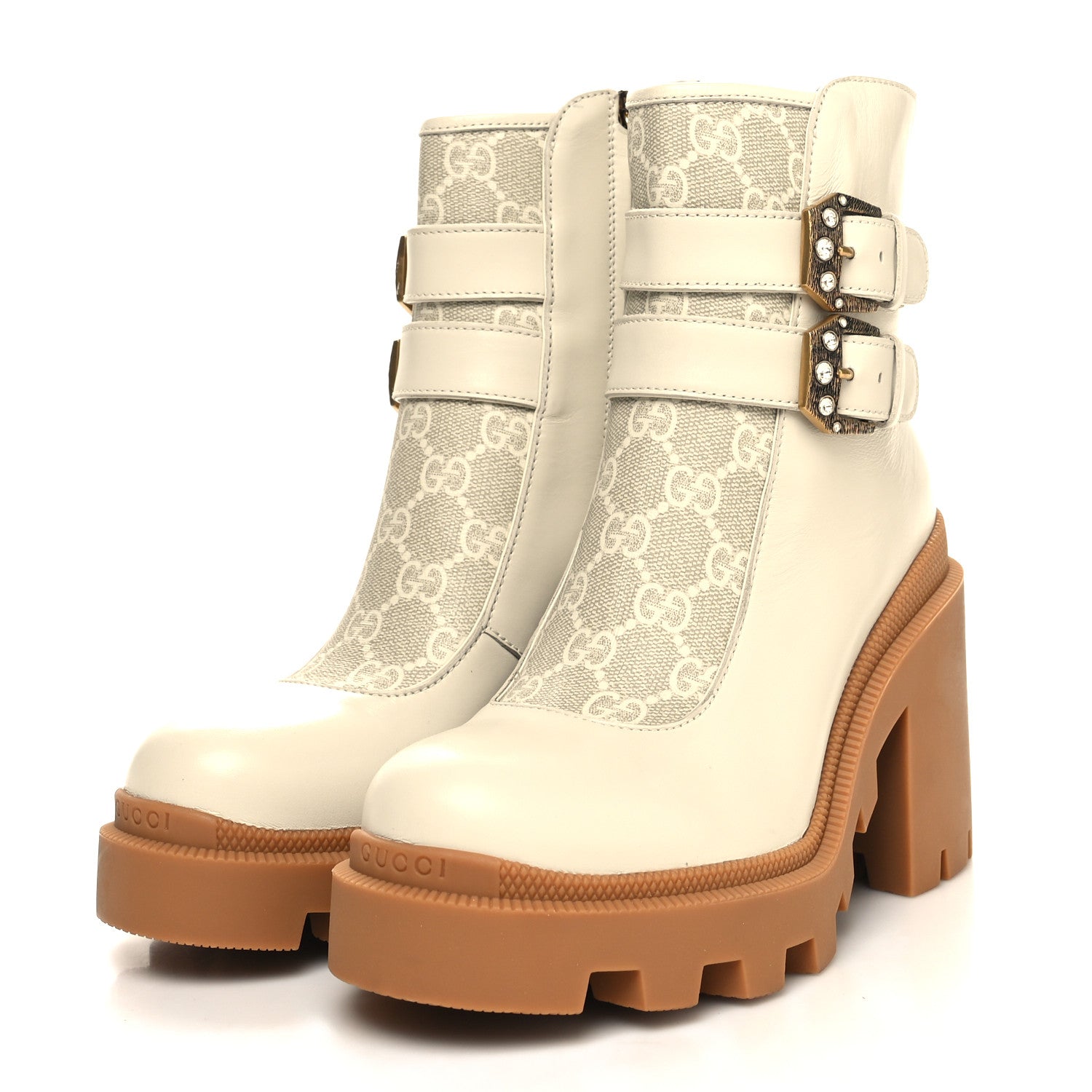 Gucci Kensington Calfskin Nappa GG Supreme Monogram Womens Double Buckle Ankle Boots 35.5 Mystic White Beige 3 of 9