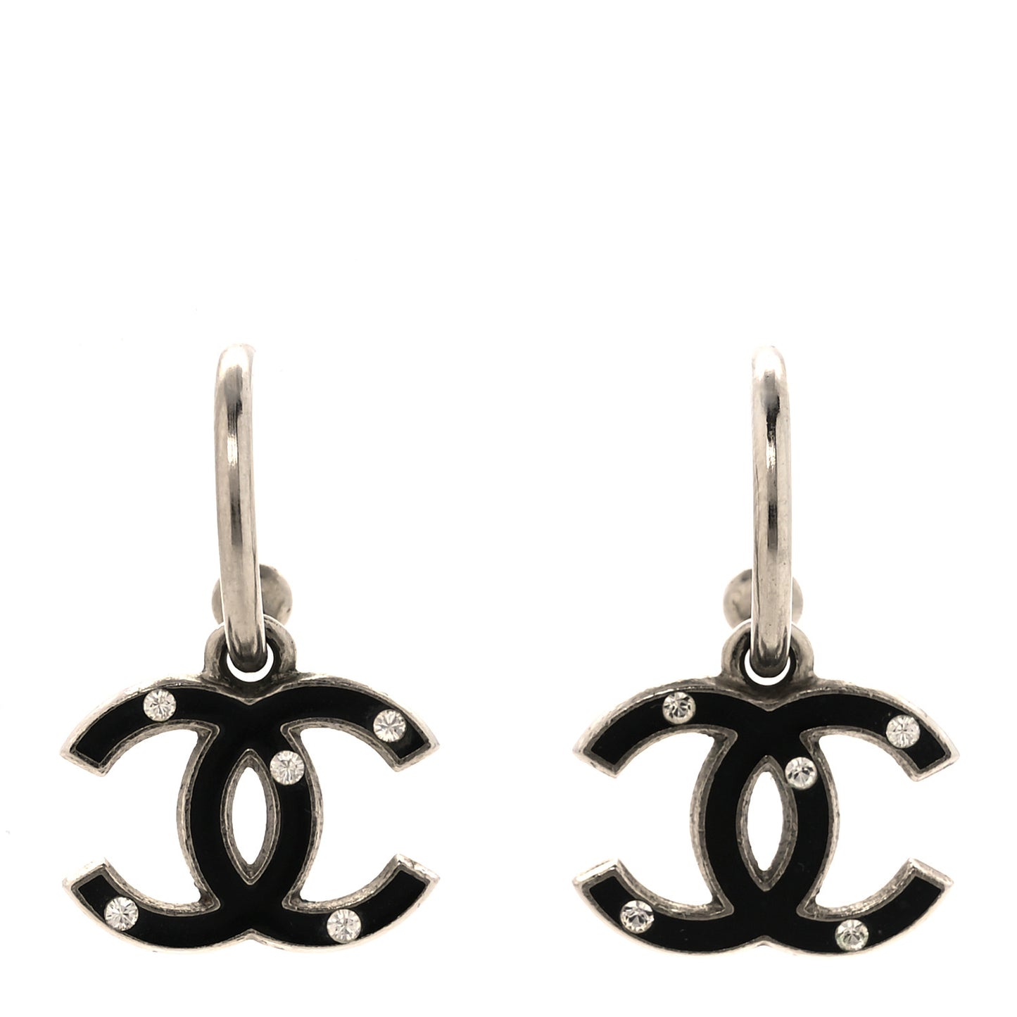 Enamel Crystal CC Hoop Earrings Silver Black