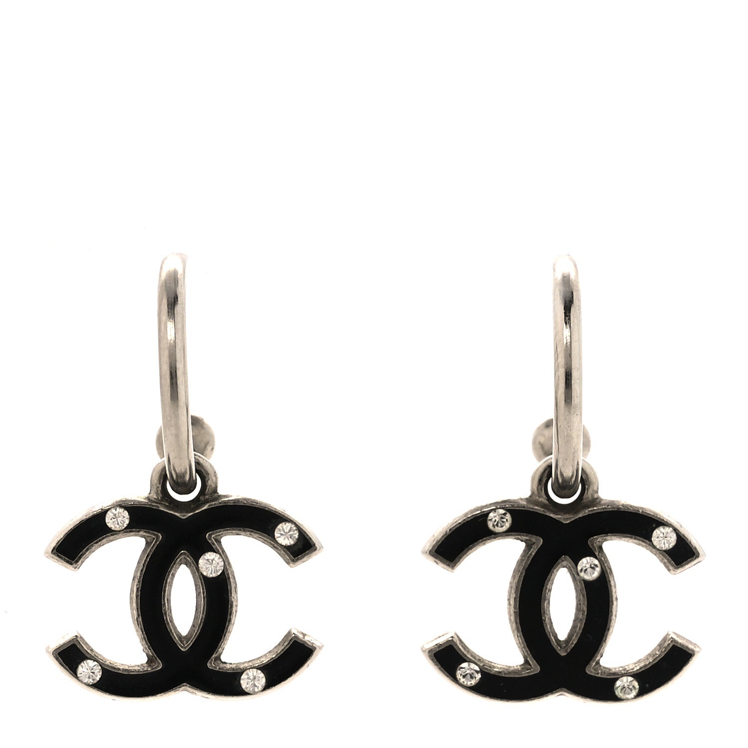 Chanel Enamel Crystal CC Hoop Earrings Silver Black 1 of 4