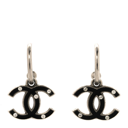 Chanel Enamel Crystal CC Hoop Earrings Silver Black 1 of 4