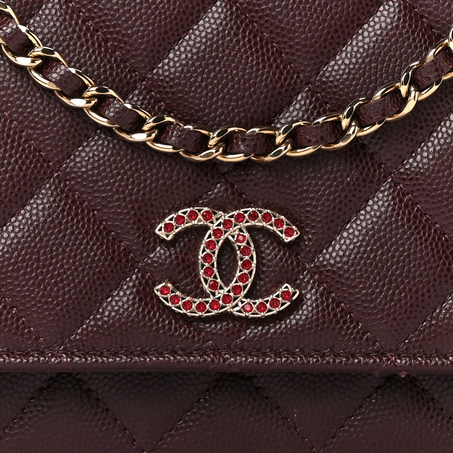 Chanel Shiny Caviar Quilted Strass Wallet On Chain WOC Bordeaux 9 of 12