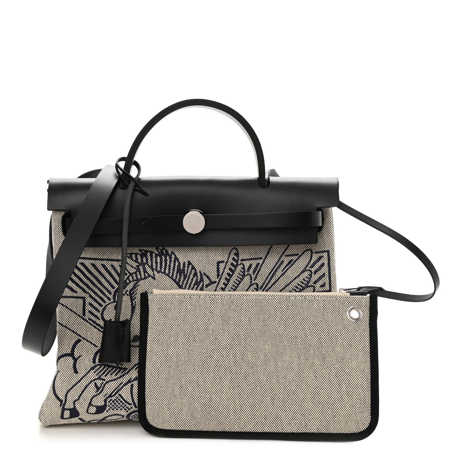 Hermes Vache Hunter Toile H Pegase Pop Herbag Zip Retourne 31 PM Bleu Indigo Ecru Black 1 of 11