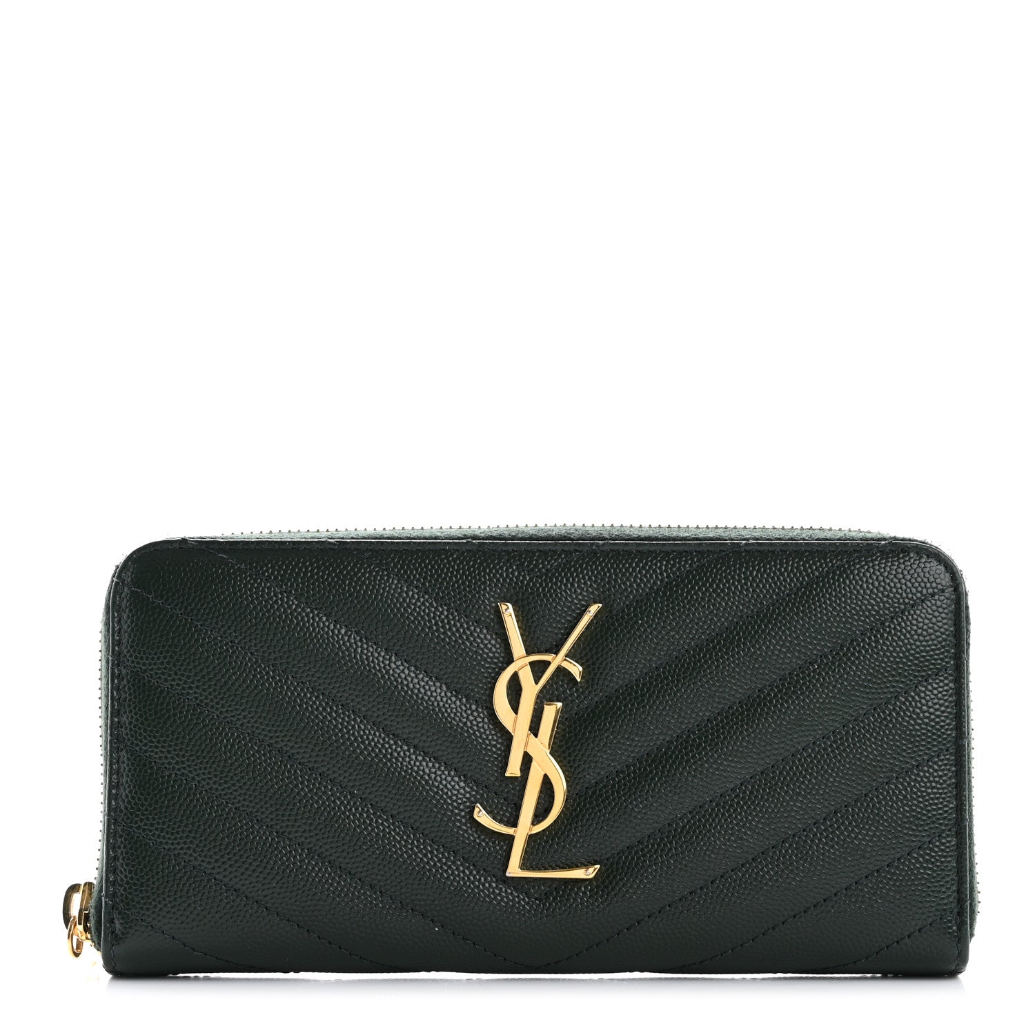 Saint Laurent Grain De Poudre Matelasse Chevron Monogram Zip Around Wallet New Vert Fonce 1 of 11