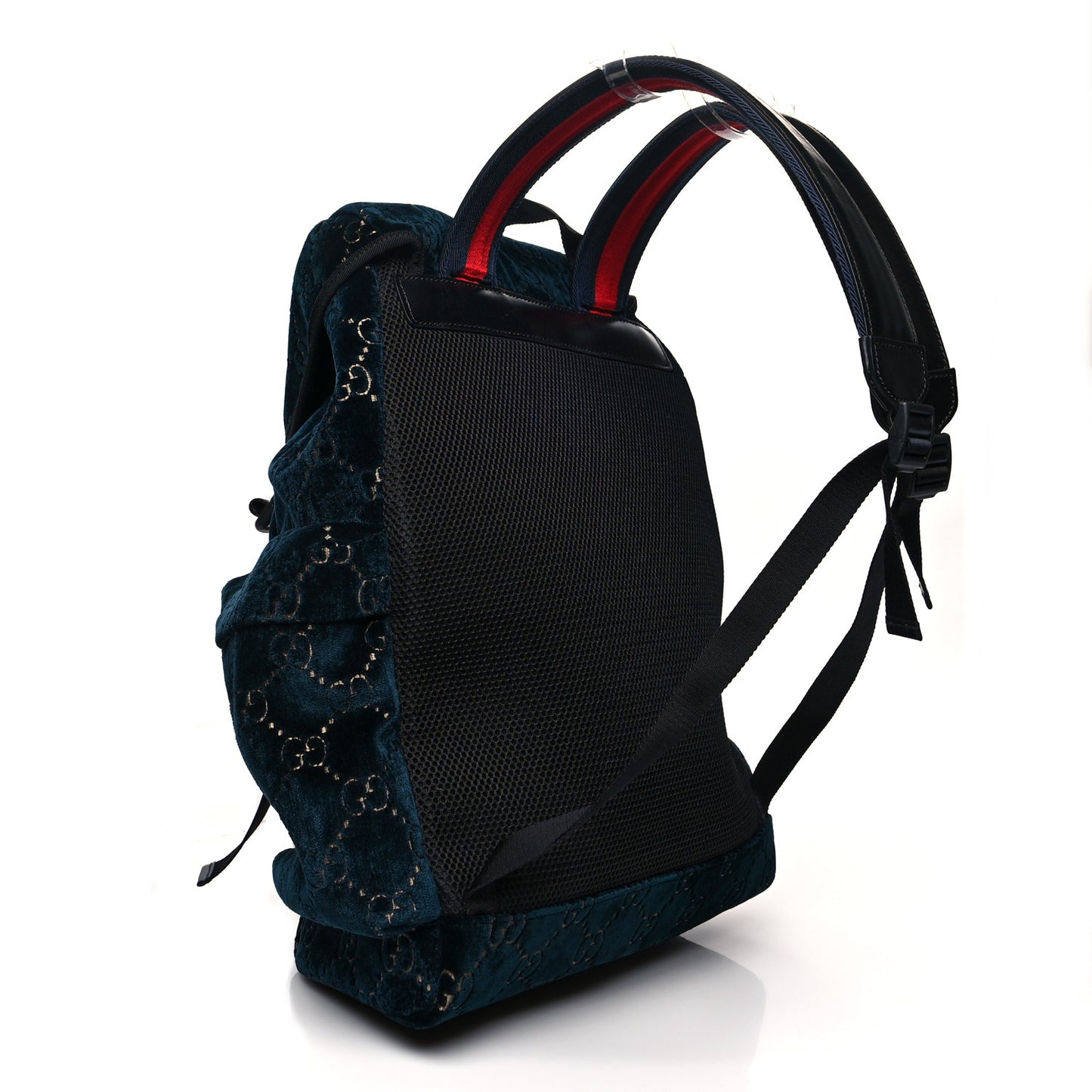 Velvet GG Monogram Web Medium Double Buckle Backpack Blue Beige Black