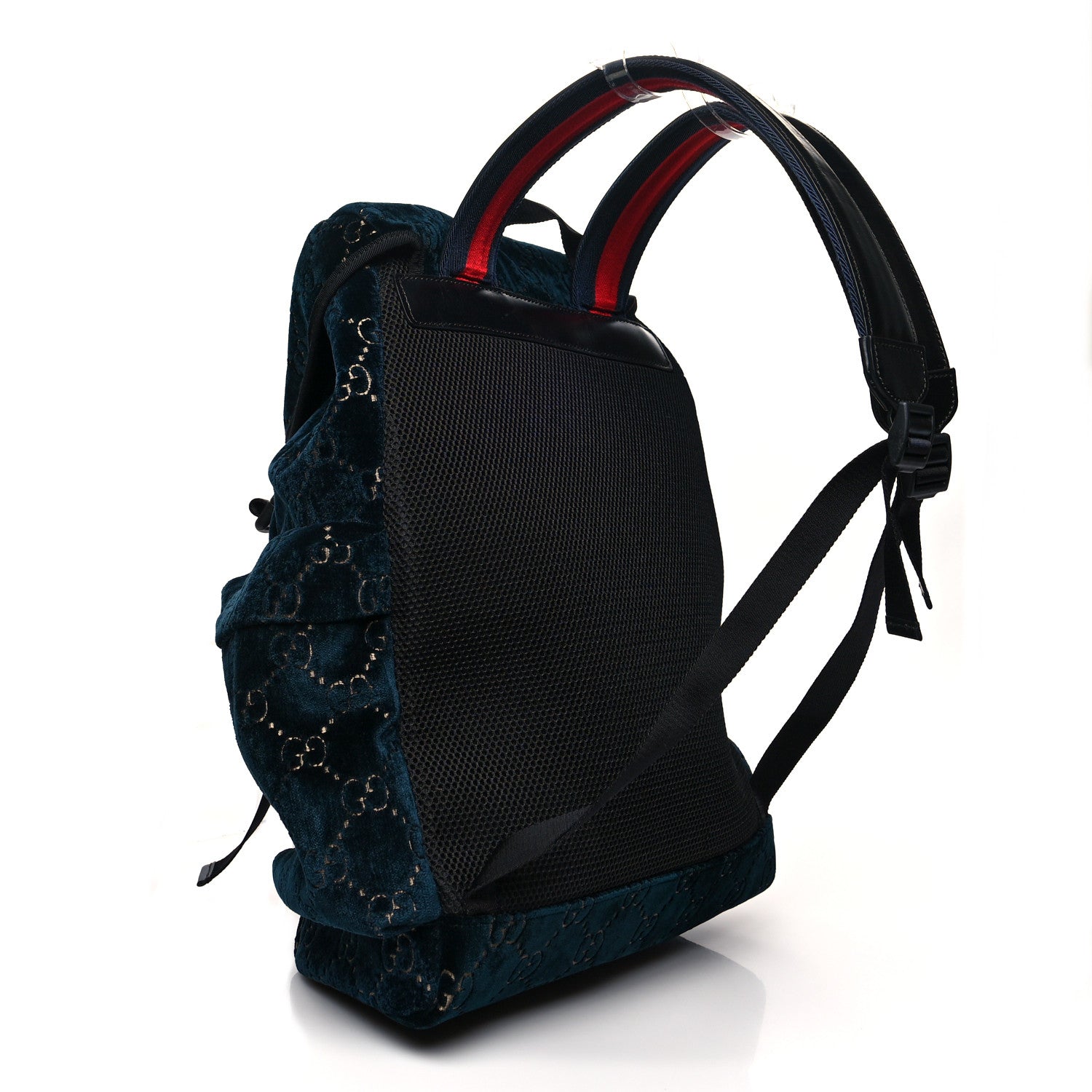 Gucci Velvet GG Monogram Web Medium Double Buckle Backpack Blue Beige Black 2 of 10