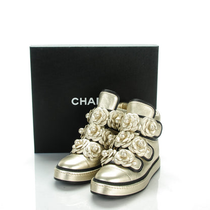 Chanel Metallic Lambskin Pearl Camellia High Top Sneakers 37 Gold 8 of 8