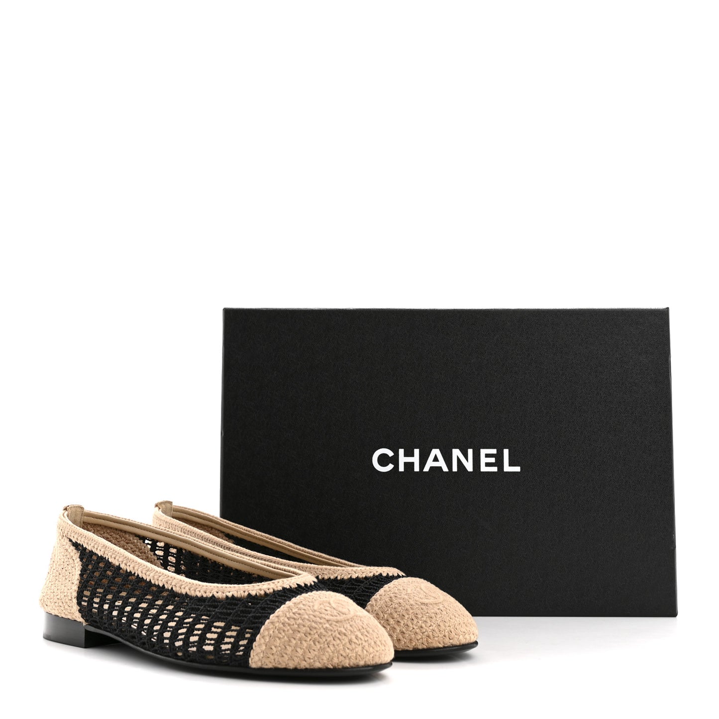 Raffia Cap Toe Ballerina Flats 38 Black Beige