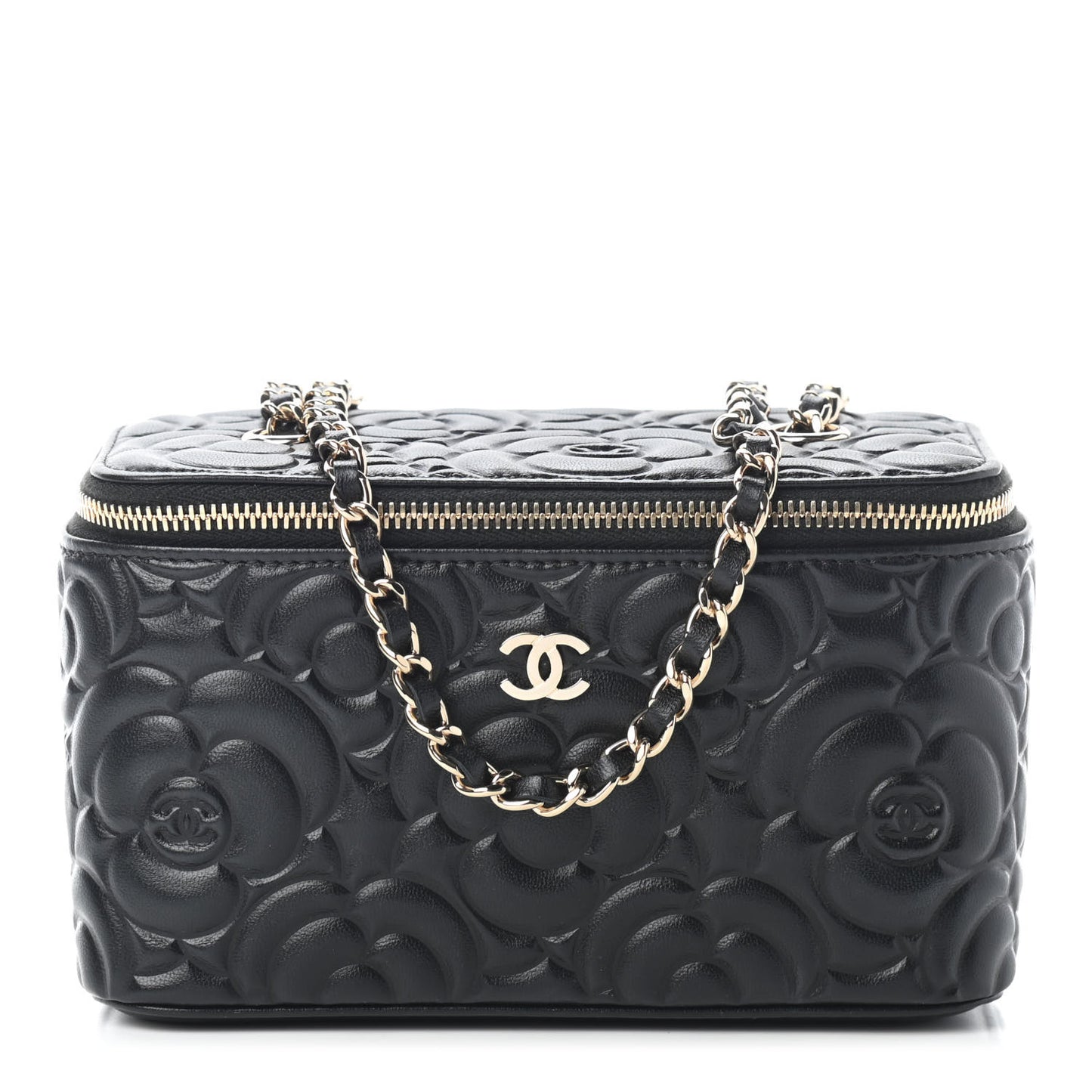 Lambskin Camellia Embossed Small Vanity Case With Chain Black