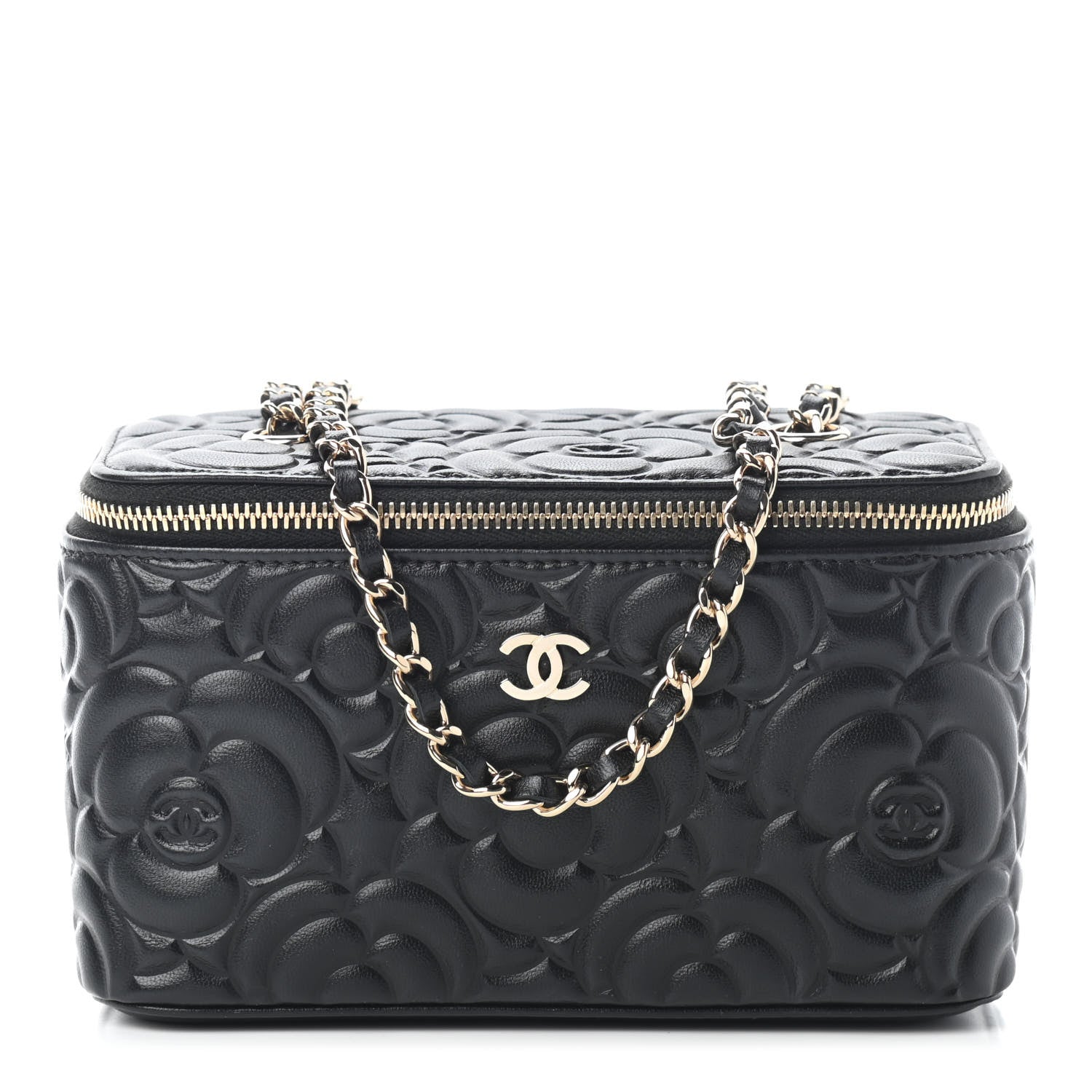 Chanel Lambskin Camellia Embossed Small Vanity Case With Chain Black 1 of 9