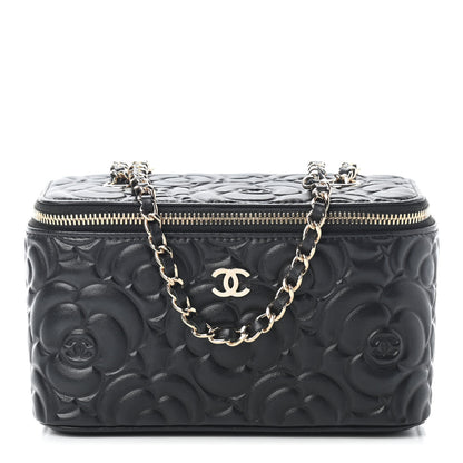 Chanel Lambskin Camellia Embossed Small Vanity Case With Chain Black 1 of 9