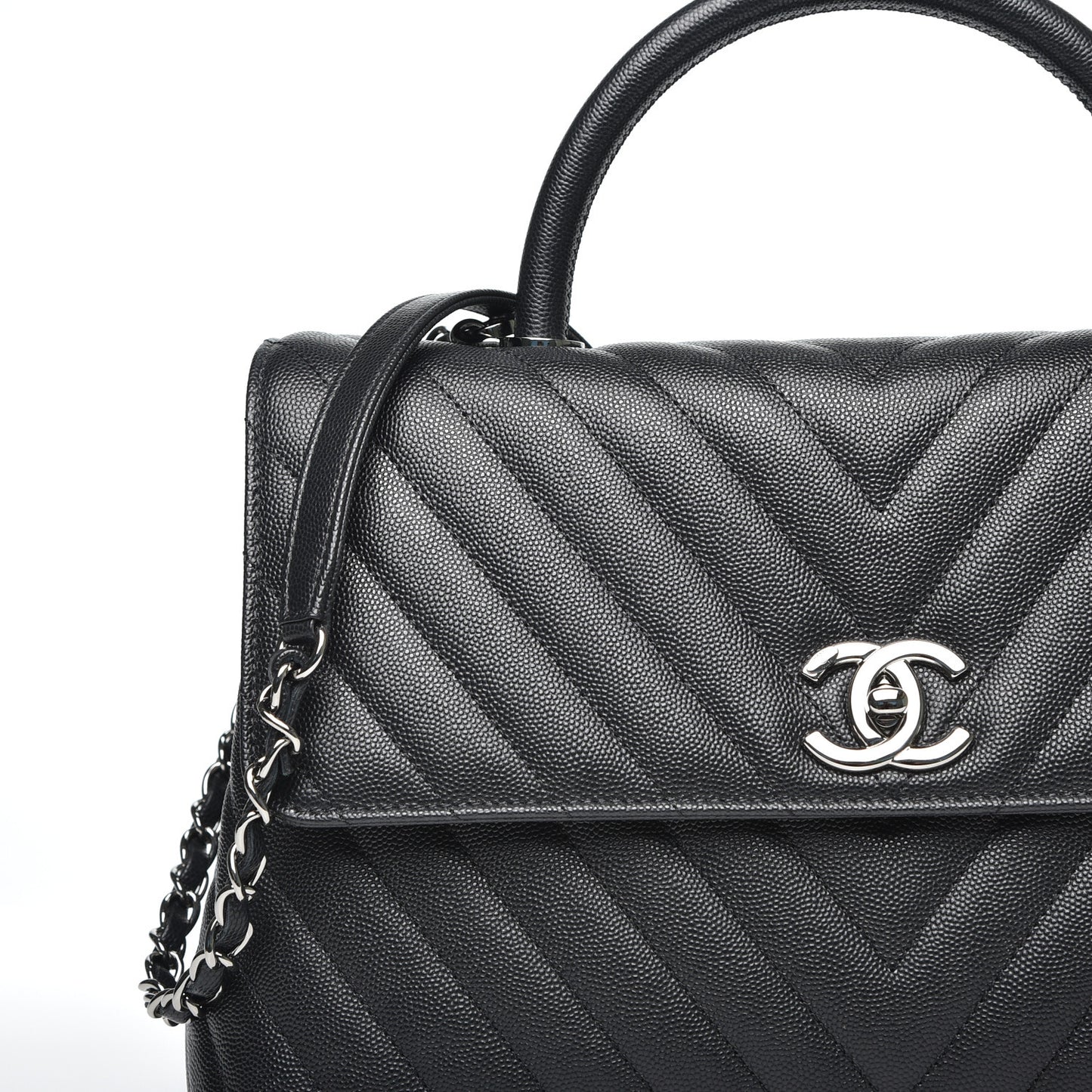 Caviar Chevron Quilted Medium Coco Handle Flap Black