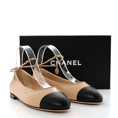 Chanel Lambskin Cap Toe Ankle Chain Ballerina Flats 41 Beige Black 9 of 9