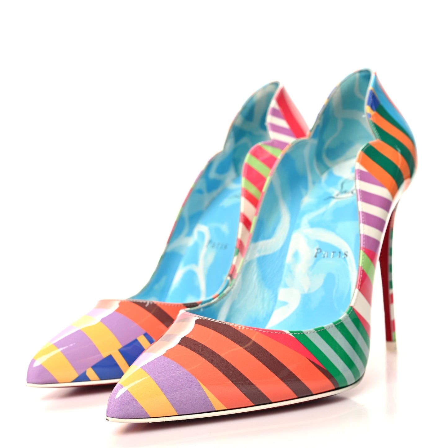 Patent Striped Grand Bain Swimming Pool Hot Chick 100 Pumps 38.5 Multicolor Lin Blue White