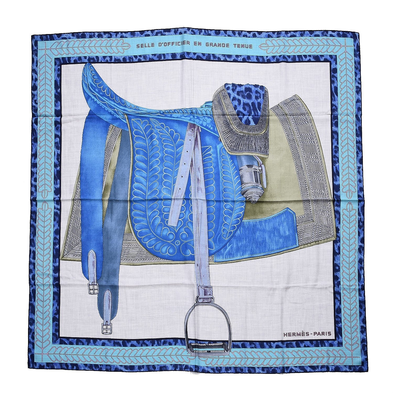 Hermes Cashmere Silk Selle d'Officier En Grande Tenue Shawl 140 Gris Chine Bleu Khaki 1 of 4