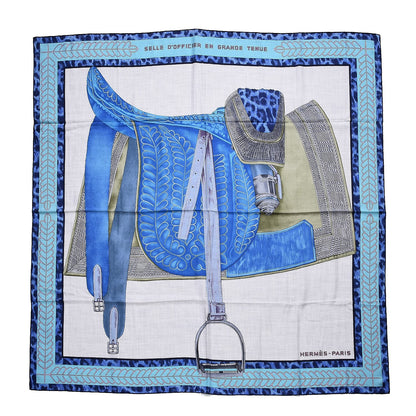 Hermes Cashmere Silk Selle d'Officier En Grande Tenue Shawl 140 Gris Chine Bleu Khaki 1 of 4