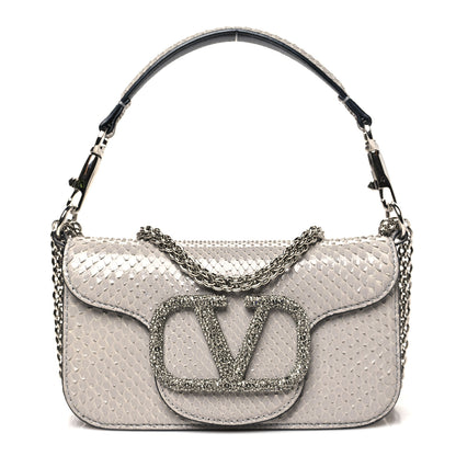 Valentino Garavani Snakeskin Crystal Vlogo Small Loco Shoulder Bag Grey 1 of 9