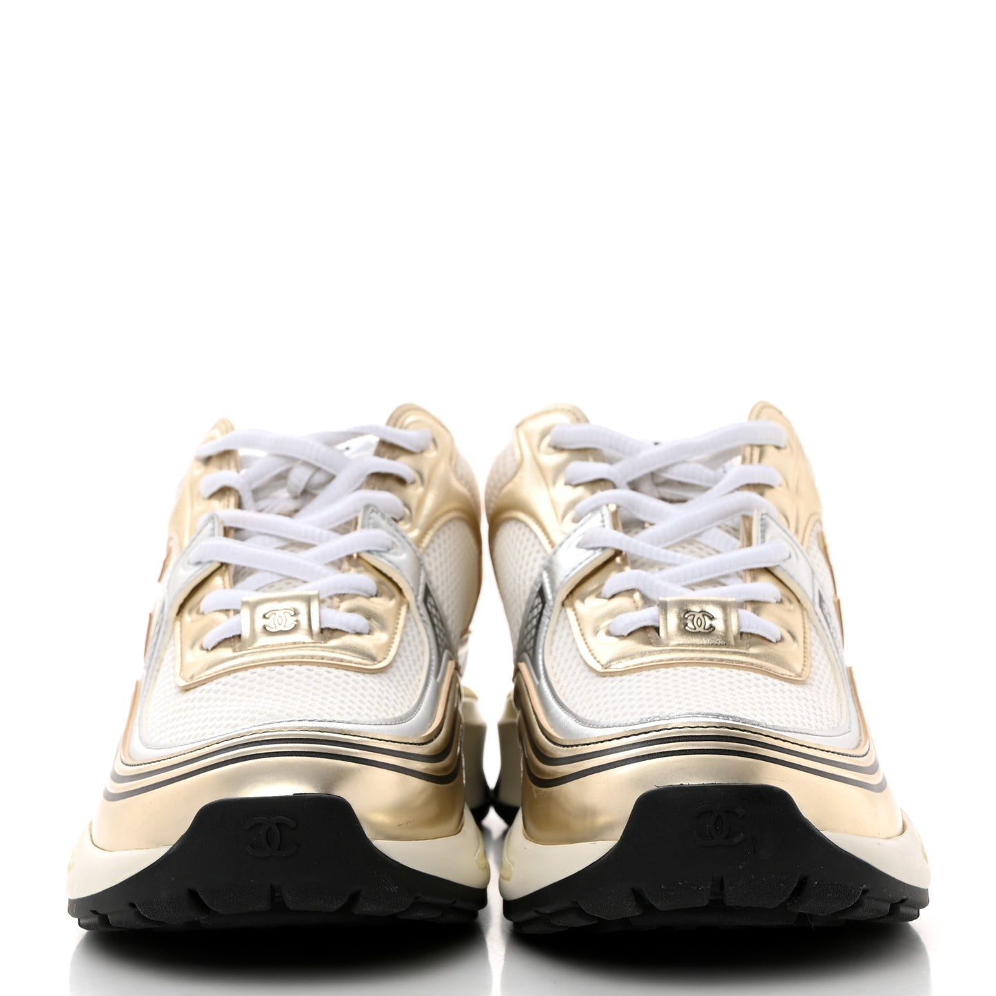 Fabric Laminated Calfskin Stretch CC Sneakers 40 White Gold Silver