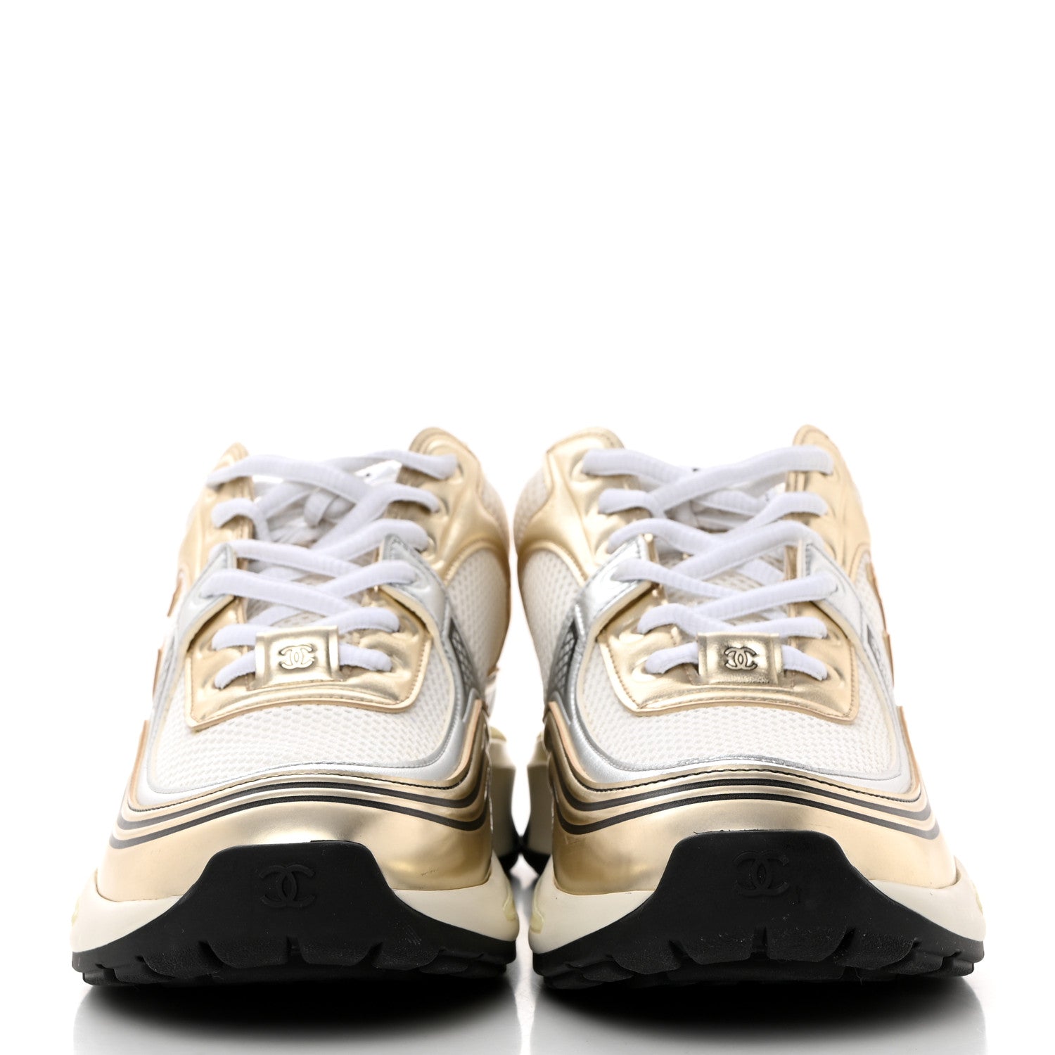 Chanel Fabric Laminated Calfskin Stretch CC Sneakers 40 White Gold Silver 2 of 8