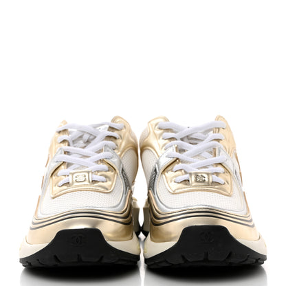 Chanel Fabric Laminated Calfskin Stretch CC Sneakers 40 White Gold Silver 2 of 8