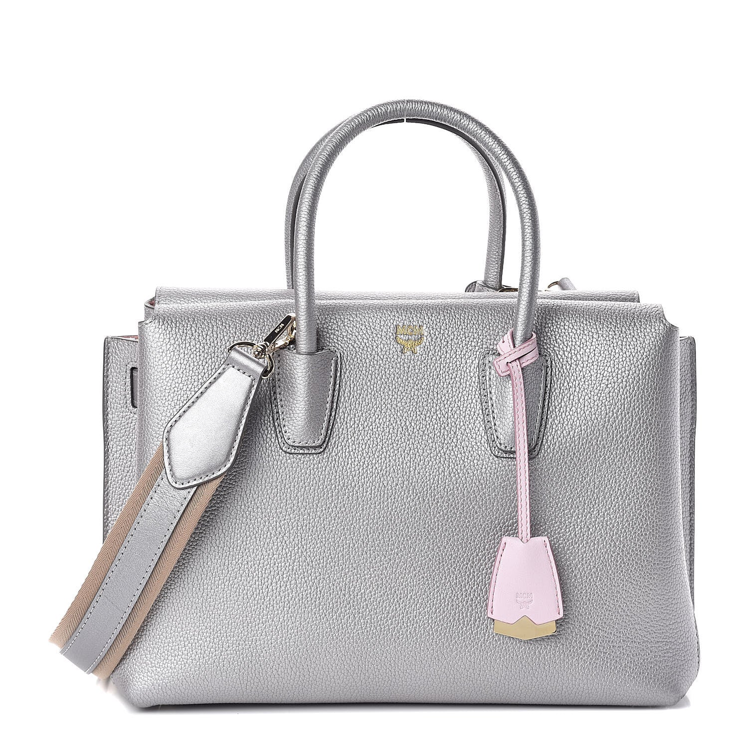 MCM Metallic Grained Calfskin Medium Milla Tote Spike Silver 1 of 10