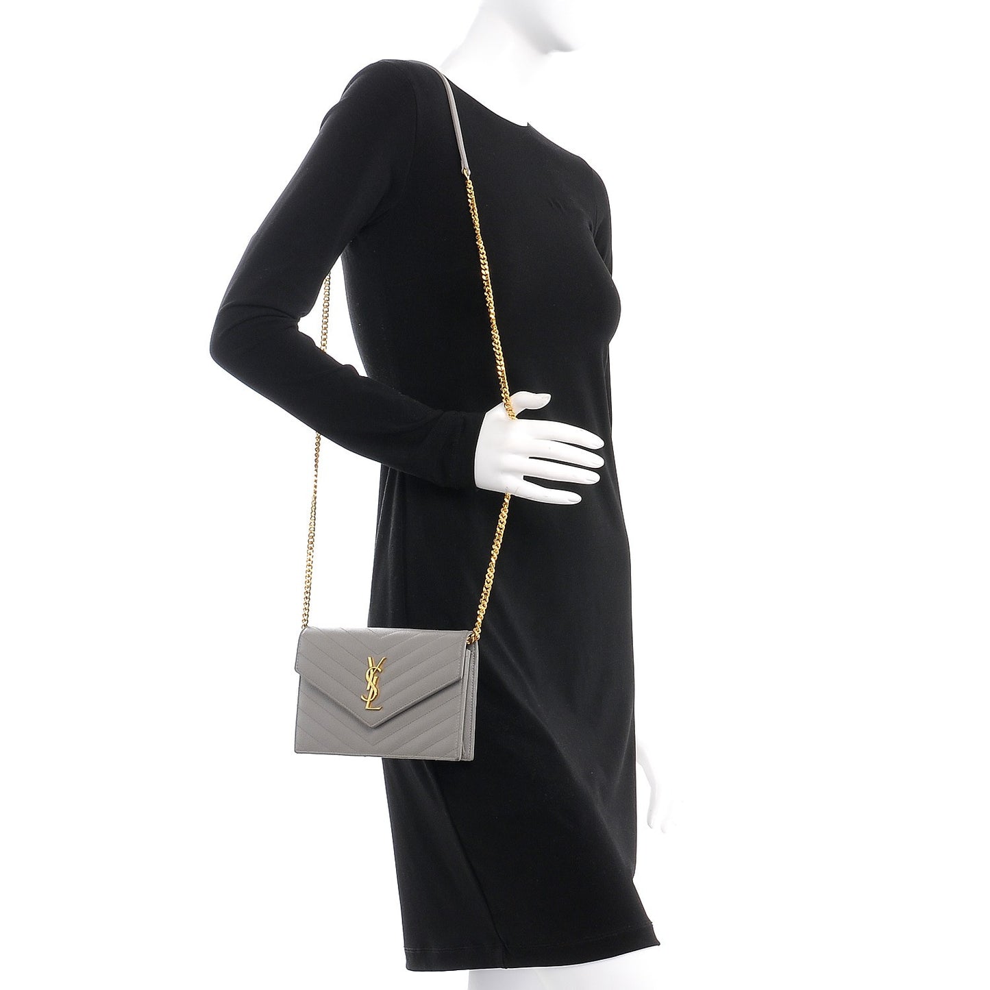 Grain De Poudre Matelasse Chevron Monogram Envelope Chain Wallet Fog