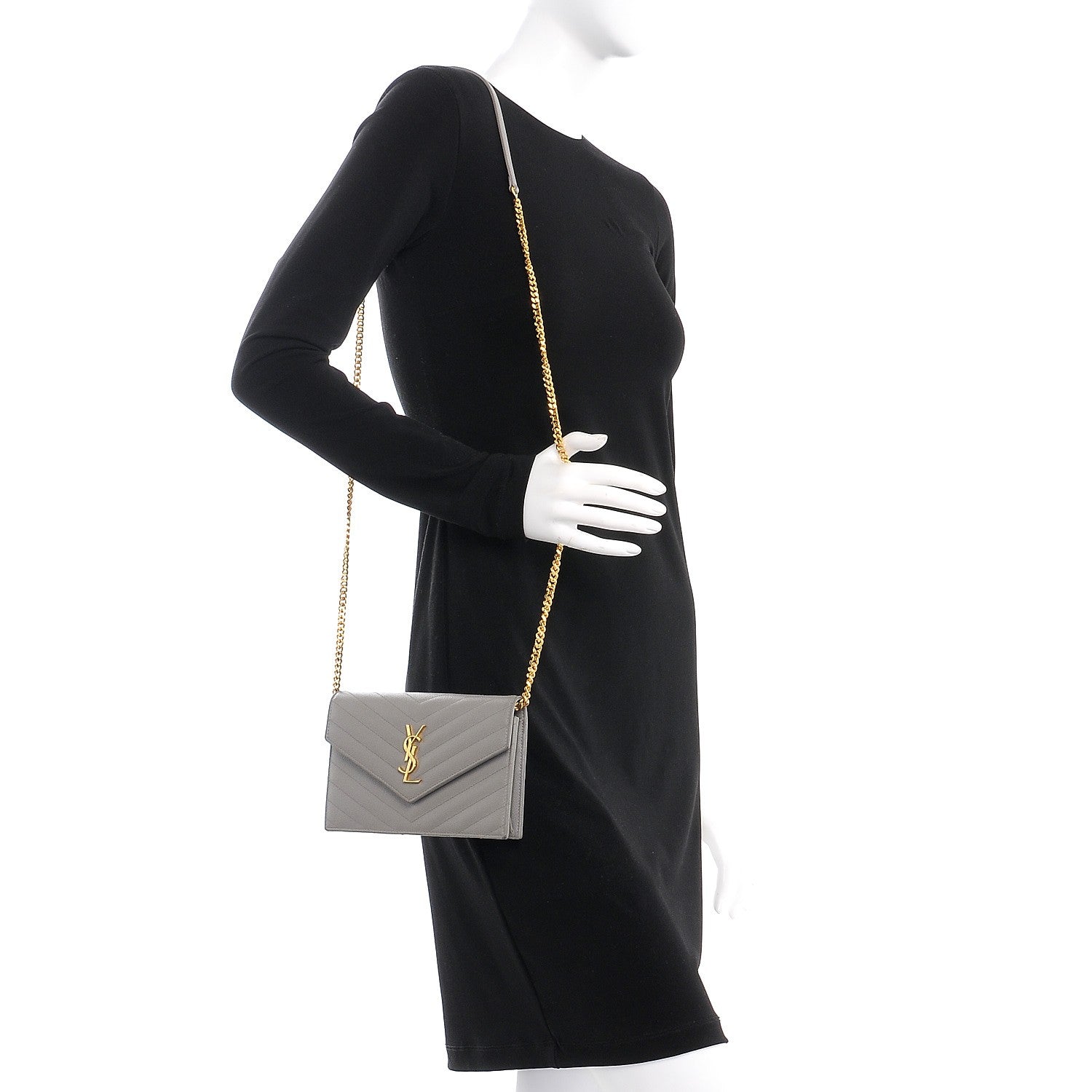 Saint Laurent Grain De Poudre Matelasse Chevron Monogram Envelope Chain Wallet Fog 2 of 9