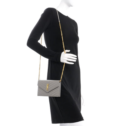 Saint Laurent Grain De Poudre Matelasse Chevron Monogram Envelope Chain Wallet Fog 2 of 9