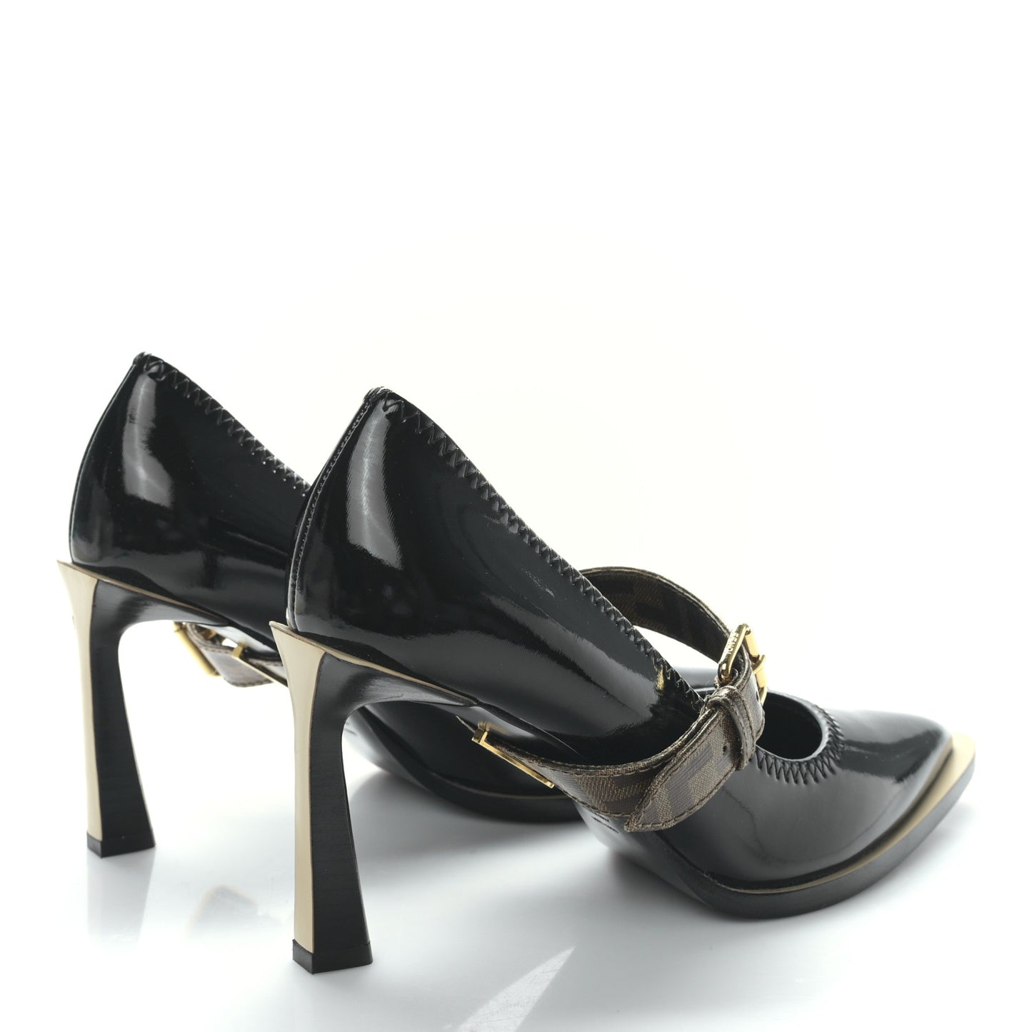 Glossy Neoprene Glazed Fabric FF FFrame Court Mary Jane Slingback Pumps 38 Black Tobacco Moro